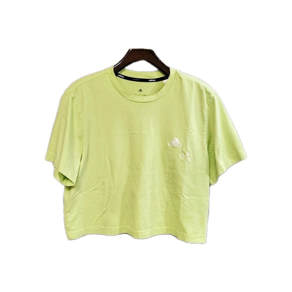 Women Adidas Sports Wear Large Embroidered Scribbled Crop Shirt Lime Green
